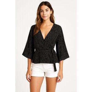 Billabong‎ Cardinale Kimono Top Women XS Black White Striped Wrap Boho Rayon